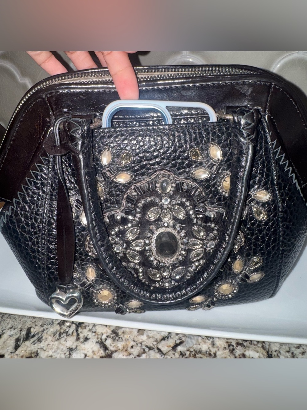 Brighton Black Embellished Satchel Jeweled Rhinestone Floral Handbag - Picture 11 of 11